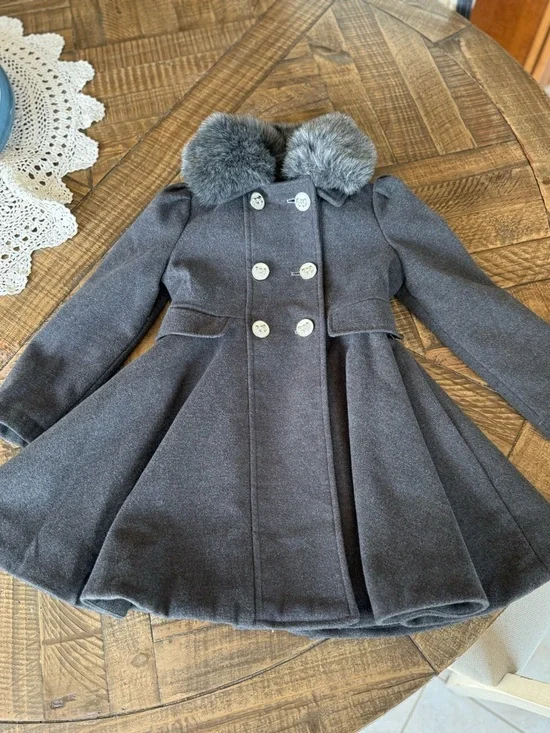 Rothschild Girls' Double-Breasted Gray Winter Coat with Faux Fur Collar, Sz 6 - Picture 1 of 6